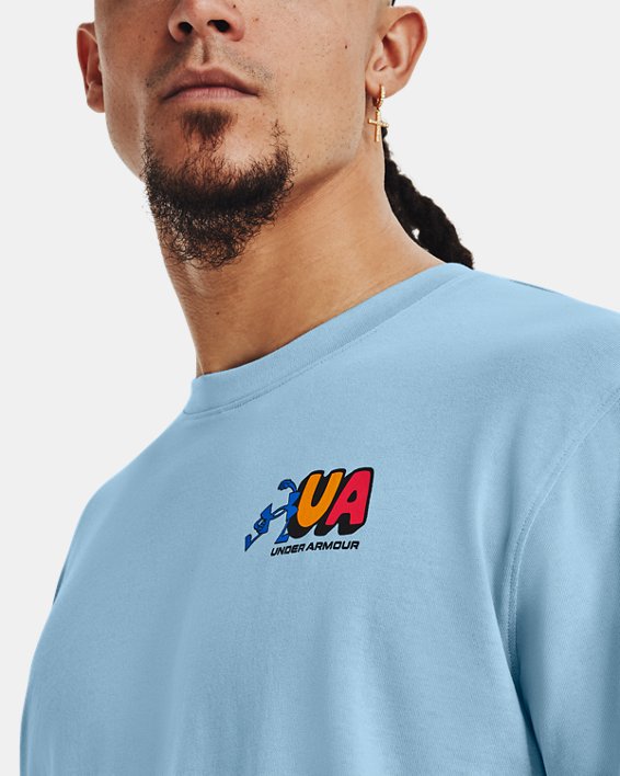 เสื้อแขนสั้น UA Workout Logos สำหรับผู้ชาย in Blue image number 3